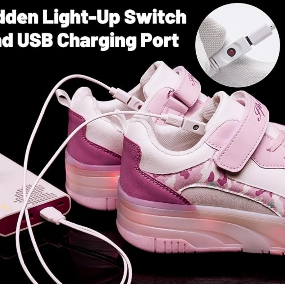 LED Roller Skates Shoes 4 Wheel Skating Pink and White Light-Up Size 1 - Picture 2 of 11